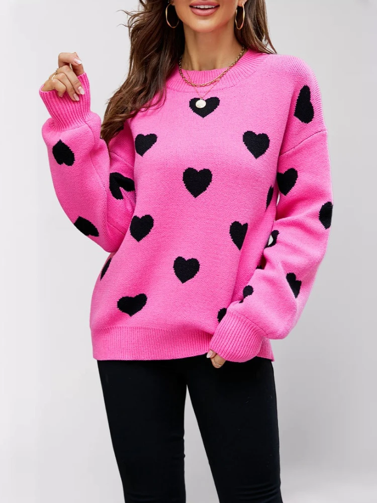 

Y2k пуловер Kawaii с круглым вырезом, женский свободный джемпер, трикотаж с длинными рукавами-фонариками, женский осенний свитер с принтом сердца 2025, женский свитер