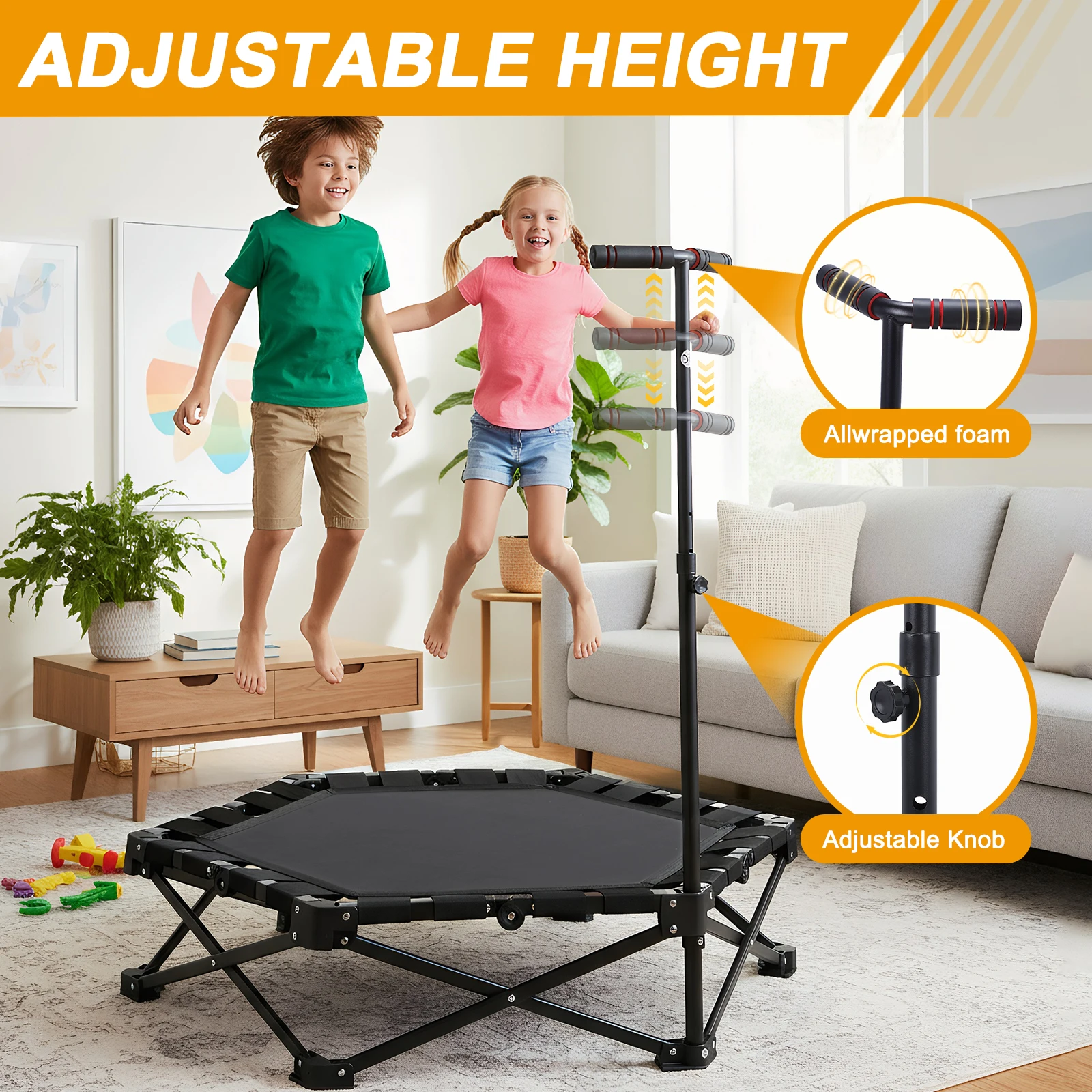 

42in Foldable Mini Trampoline 450lbs Max Load Adult Exercise Trampoline with Adjustable T-Bar Handle for Indoor Outdoor Home Gym