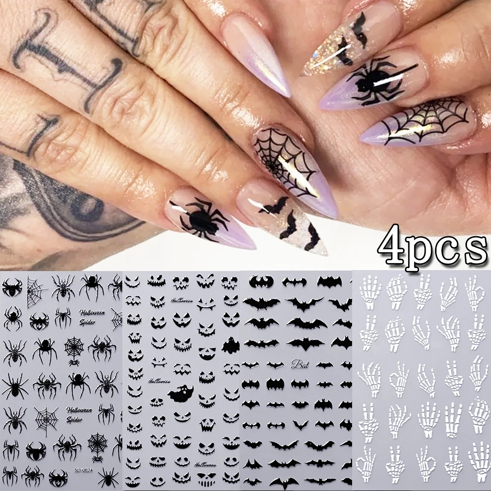 1/4Pcs 5D Gothic Halloween Nail Stickers Black Spider Web Bat White Skeleton Self Adhesive Nail Decal For Festival  Nail Sliders