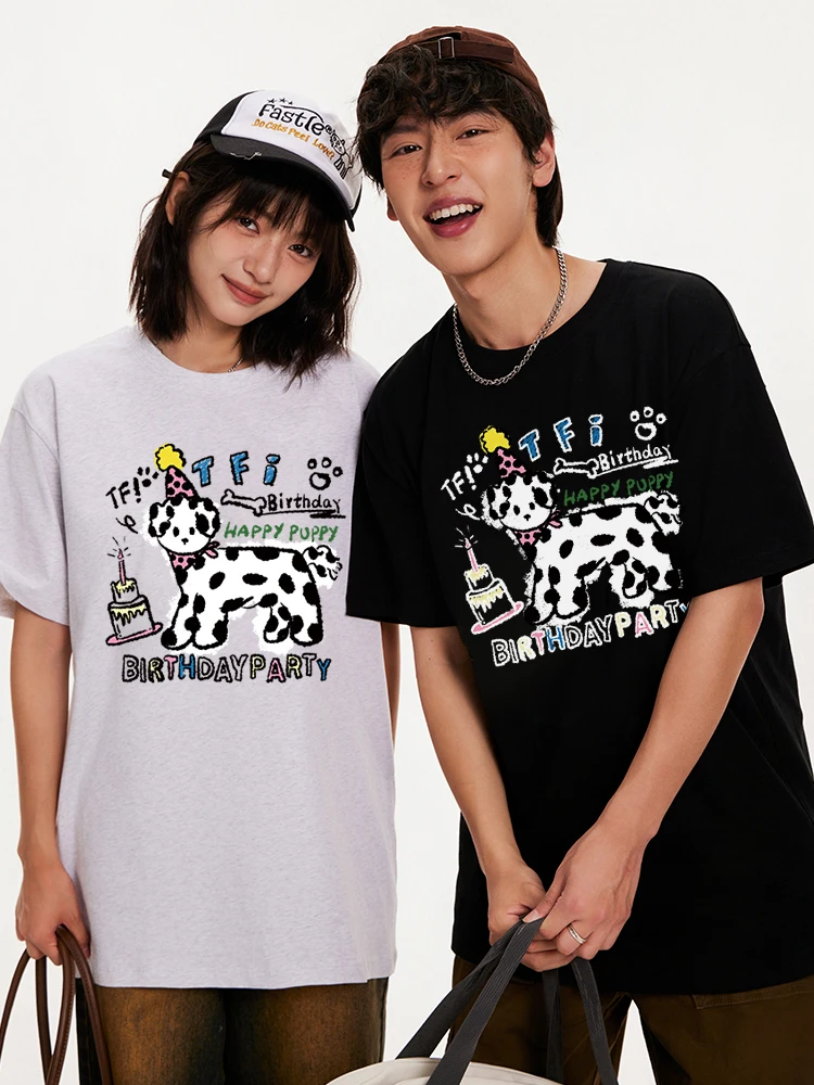 Spotted Dog Party Unique Couple clothes 2024 New Trend High Quality Cotton T-Shirt