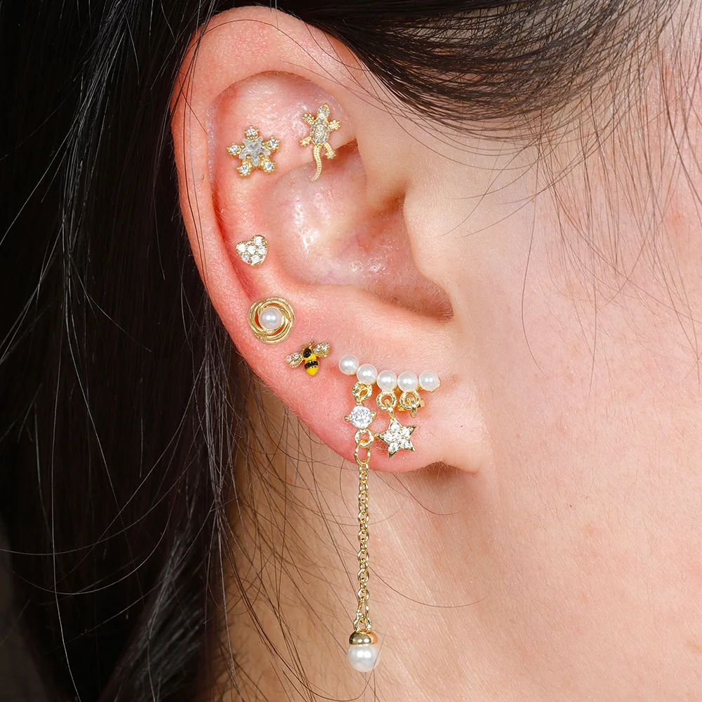 Fashion Stainless Steel Zircon Cartilage Piercing Stud Earring For Women Helix Tragus Pearl Moon Star Earring Body Jewelry 1pc