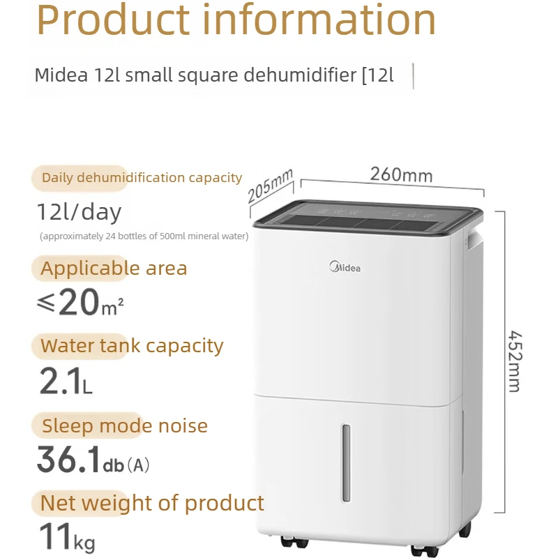 12L Per Day Compact Dehumidifier, 20m² Quiet Moisture Extractor with Casters, Laundry Drying for Bedroom Living Room Home Use