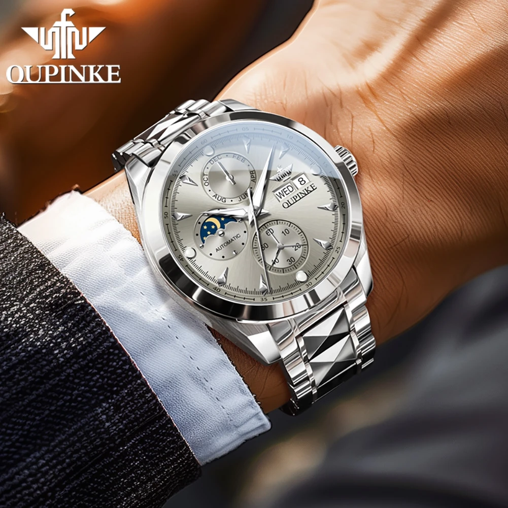 OUPINKE 3299 Men Watch Moon Phase Fashion Automatic Mechanical Watch For Men Week Date Display Deep Waterproof Man Wristwatch