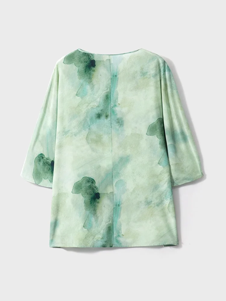 SuyaDream Women Printed Bloused 100%Silk Crepe De Chine O Neck Vintage Loose Shirts 2023 Summer Elegant Top Green