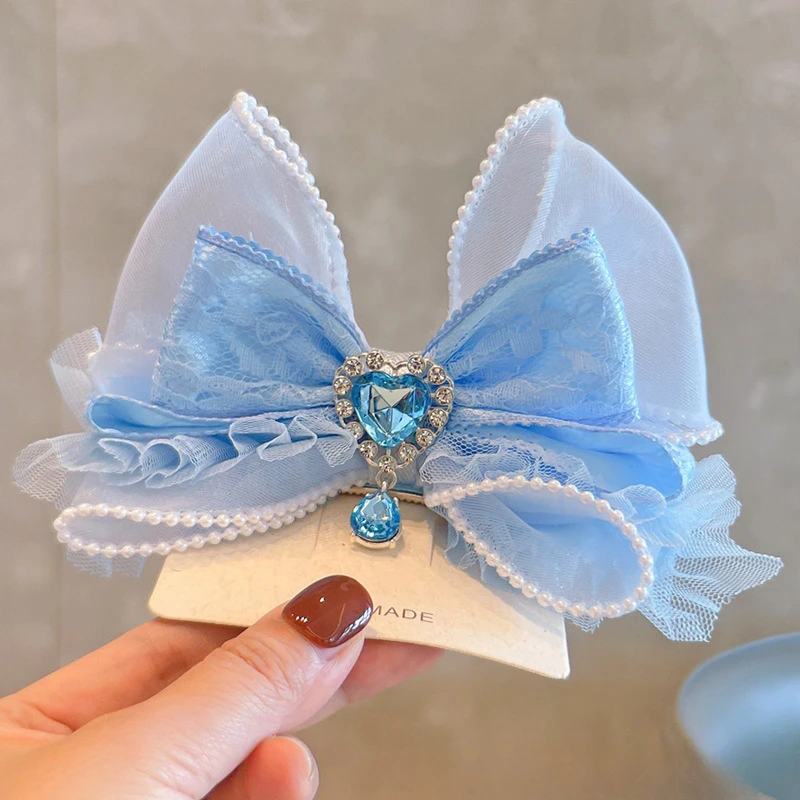 

Frozen Sparkling Diamond Blue Yarn Bow Children's Hair Clip Princess Snowflake Clip Baby 3D Top Clip Tassel Headpiece