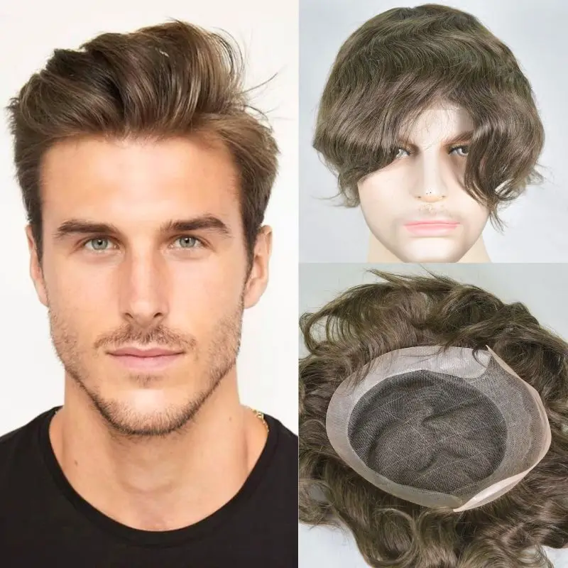 Pwigs masculino peruca capilar prótese renda suíça com pu em torno de 9x7 peruca para homens 100% sistema de cabelo humano virgem 4 #   Castanho escuro