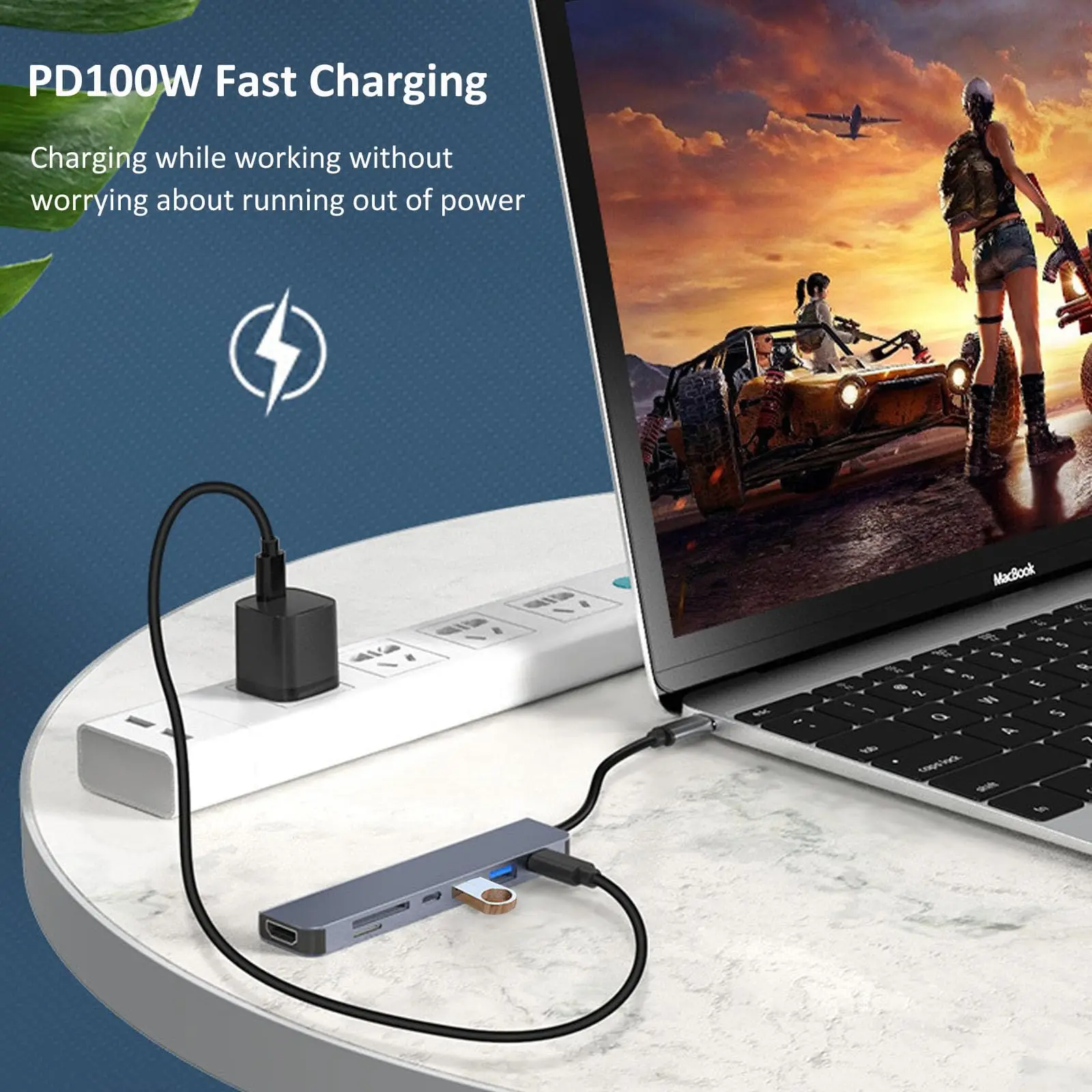 Adaptador de Docking Station, 7 em 1, Tipo C HUB, 4K @ 30Hz, Compatível com HDMI, USB 3.0, PD100W, Laptop, Dell, Nintendo, Switch