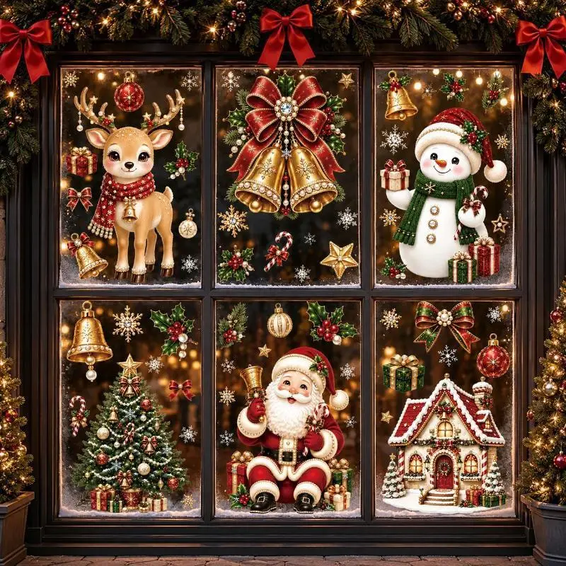 Christmas Static Window Stickers Winter Themed Reindeer Snowman Decals for Xmas Home Glass Window Holiday Decorations