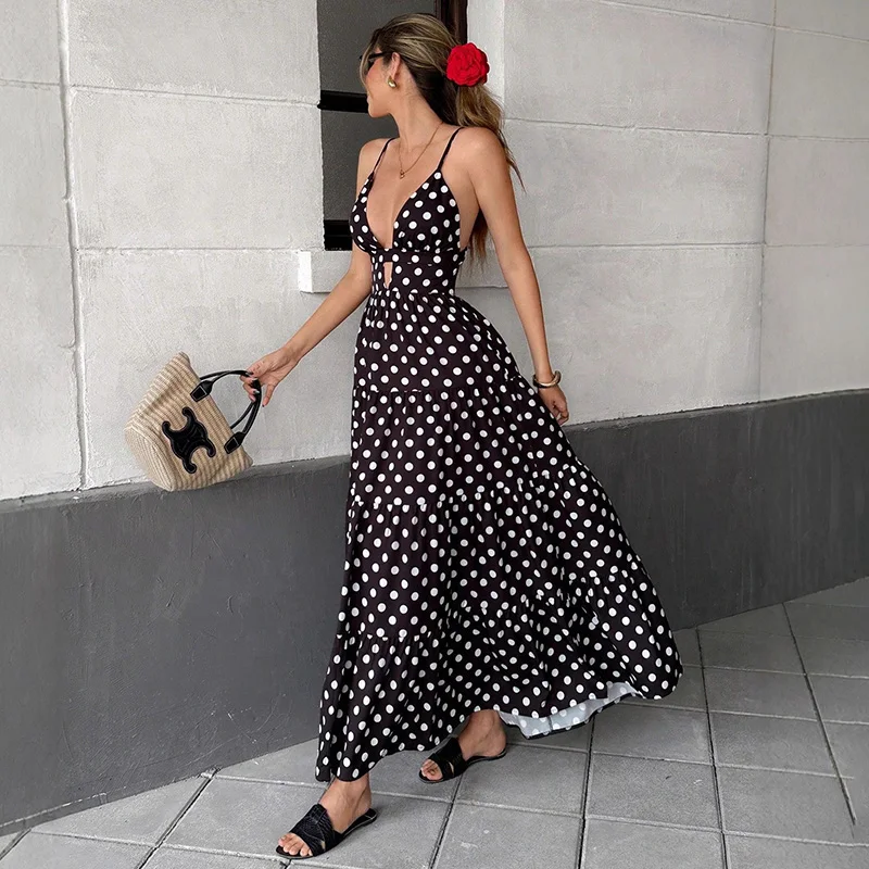 

Tornova Sling Chiffon Printed Dress Women's Polka Dots Casual Loose Vacation Dress Plunge Sexy Backless Maxi Dress Female New
