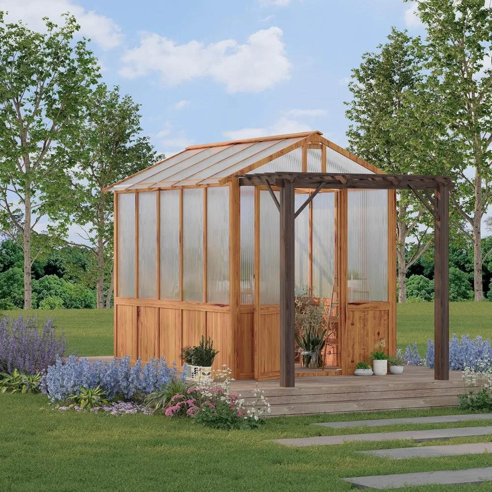 

8X13ft Greenhouse Kit with Pergola, Wooden Walk-in Green House with Cedar Frame, Greenhouse Kit with 6mm Thick Polycarbonate