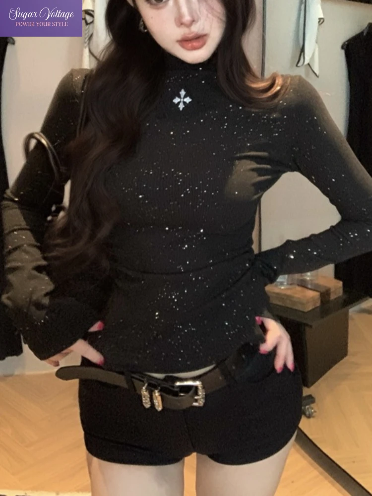 الحلو بارد سباركلي كم طويل أعلى المرأة السوداء ضئيلة عالية الرقبة المحملة حجر الراين التفاصيل لامعة تي شيرت فتاة الساخنة شيك الزي اليومي #1