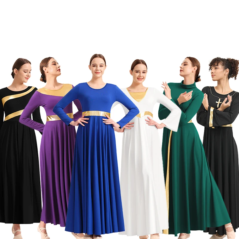 Vestido de baile de alabanza para mujer, bata de Iglesia de adoración litúrgica, Ropa de baile lírico, empalme metálico, corte libre