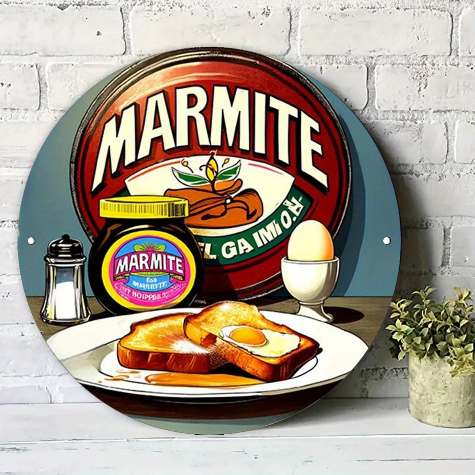 2D Flaches, Vintage Rundes Aluminium-Metall-Wandkunst-Schild - Retro-Frühstücksszene mit Marmite, Toast & Eiern, 20x20cm/7,87in, Wanddekoration