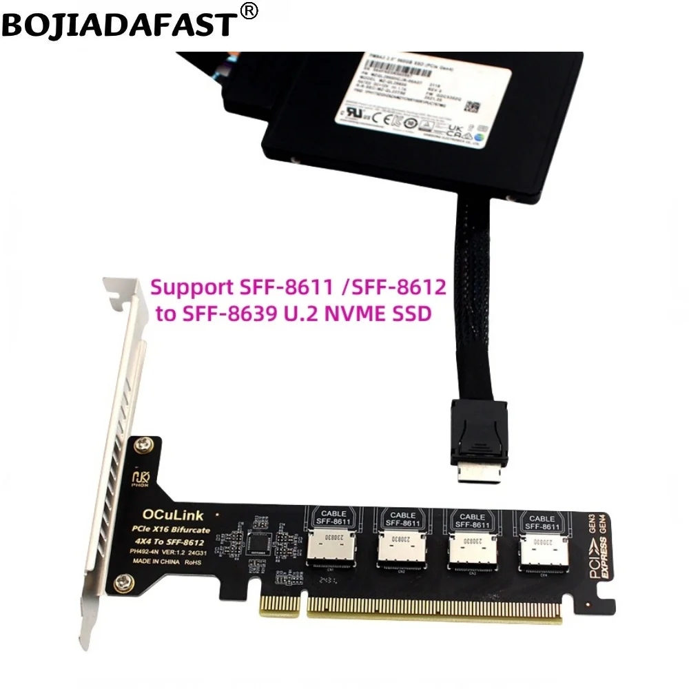 

PCIe X16 PCI-E 4.0 16X-4 Oculink SFF-8611 Карта расширения адаптера SFF-8612 для SFF-8639 U.2 Nvme SSD