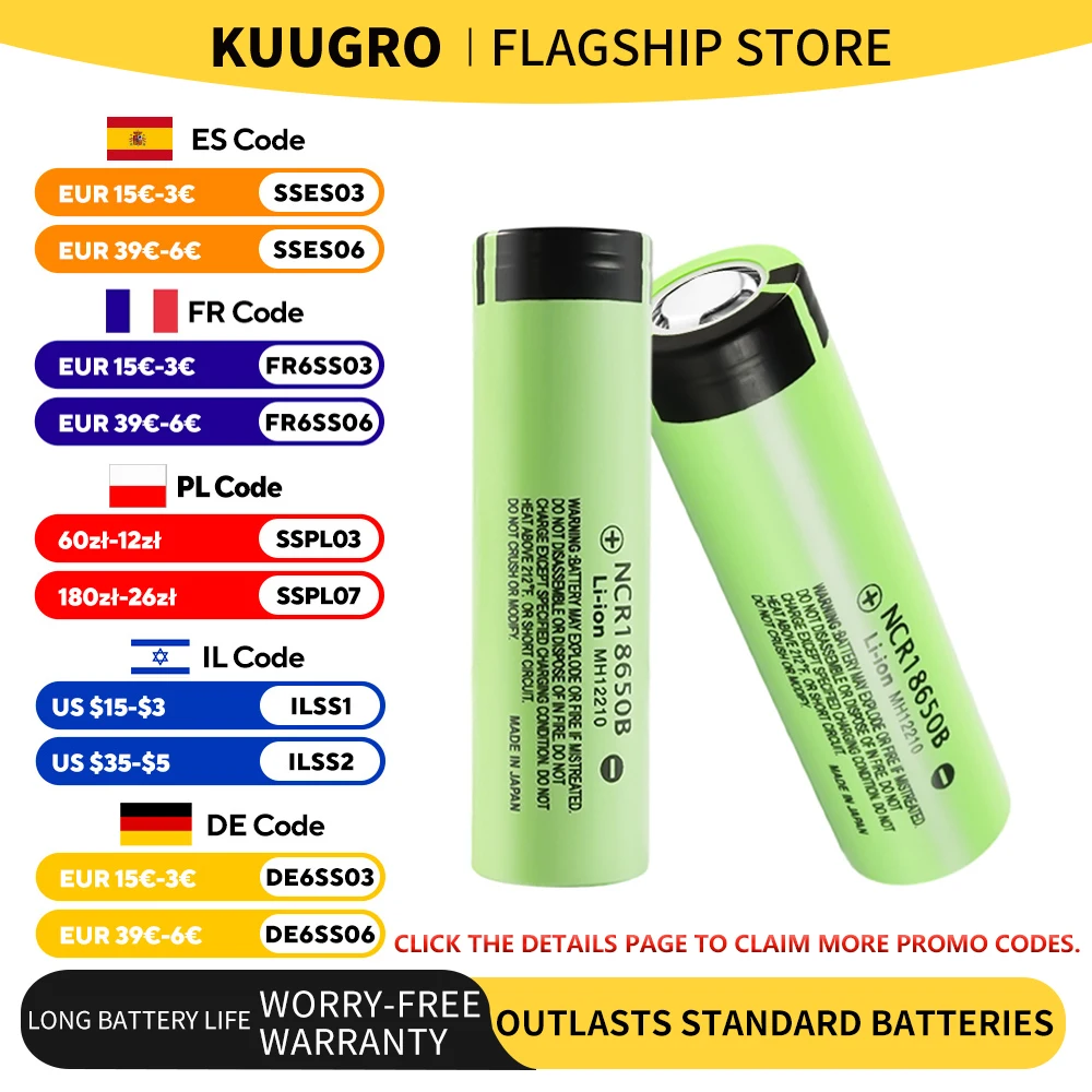 Kuugro 34B 100% New Original NCR18650B 3.7v 3400mah 18650 Lithium Rechargeable Battery Flashlight batteries