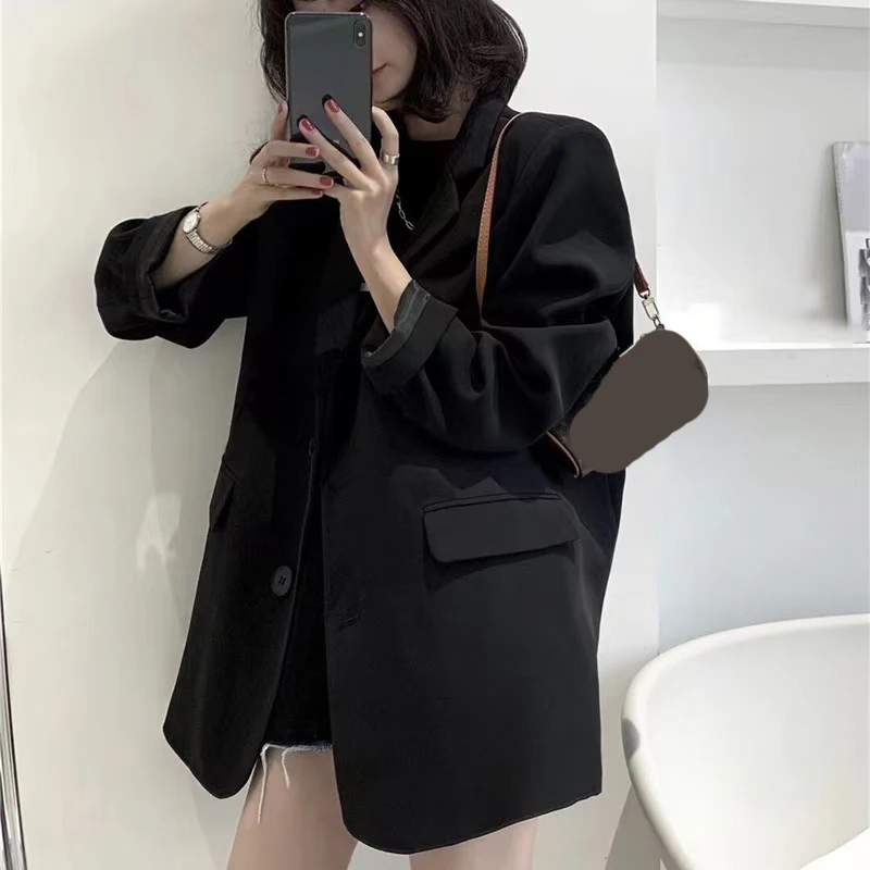 เสื้อสูทผู้หญิงสีดำแบบกระดุมแถวเดียว สไตล์เกาหลี แฟชั่นกระเป๋าเสื้อ แขนยาว เสื้อคลุมผู้หญิง ใส่ได้ทุกโอกาส ทรงหลวม สำหรับฤดูใบไม้ผลิและฤดูใบไม้ร่วง