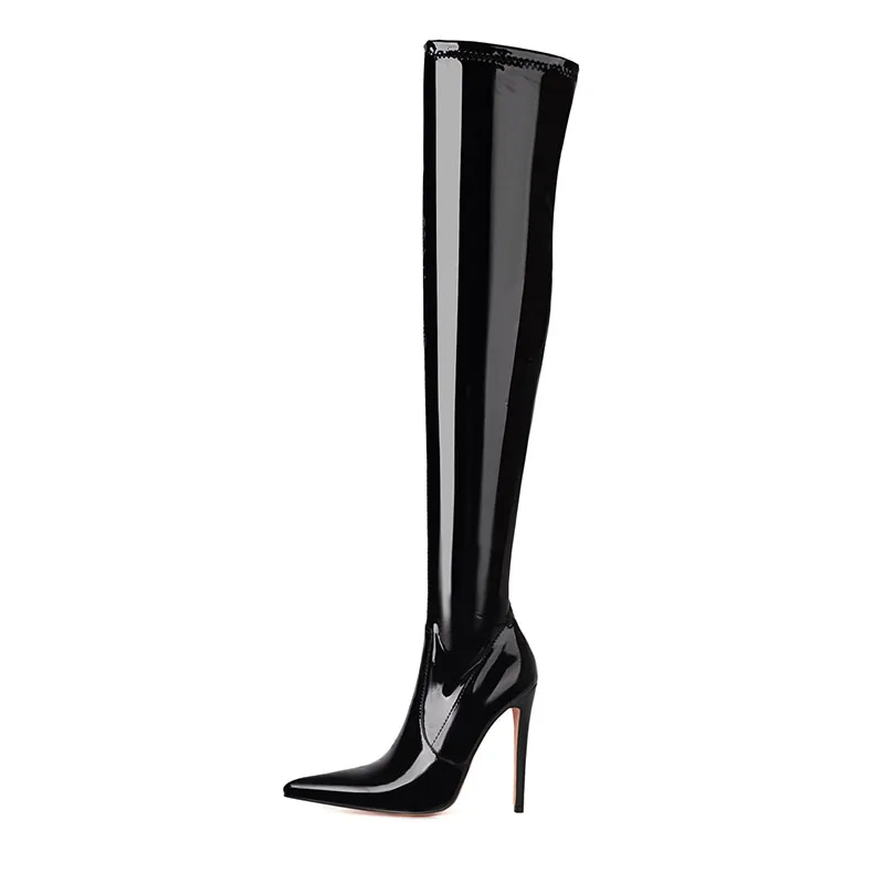 

Arden Furtado 2024 Autumn Woman's Patent Leather Thigh high boots Pointed toe Side zipper Super high heel Elastic Modern boots