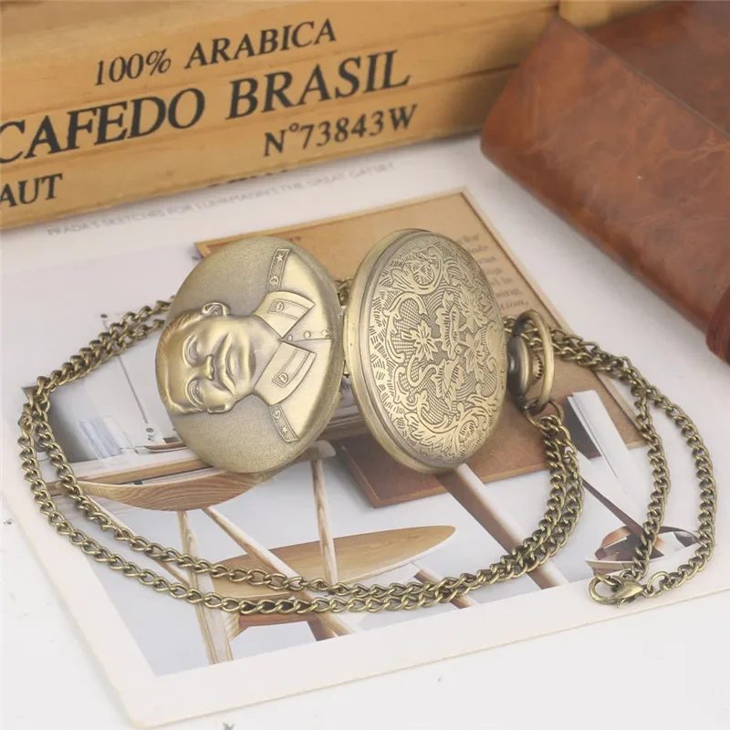 Vintage Stalin Pattern Pocket Watch Russian Leader Full Hunter Case Arabic Numeral Quartz Movement Sweater Chain Timepiece