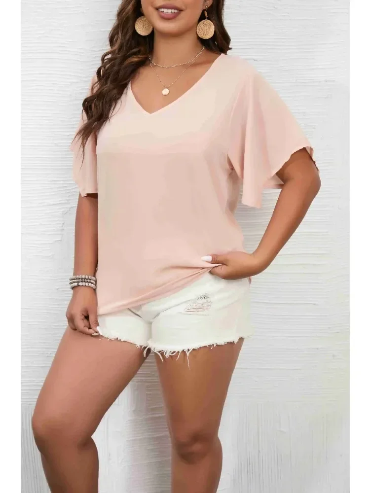 Plus Size 1XL-5XL Women's Solid Color  Short Sleeve Blouse V Neck Bell Sleeve Blouse Casual Pullovers Shirt Top image 3