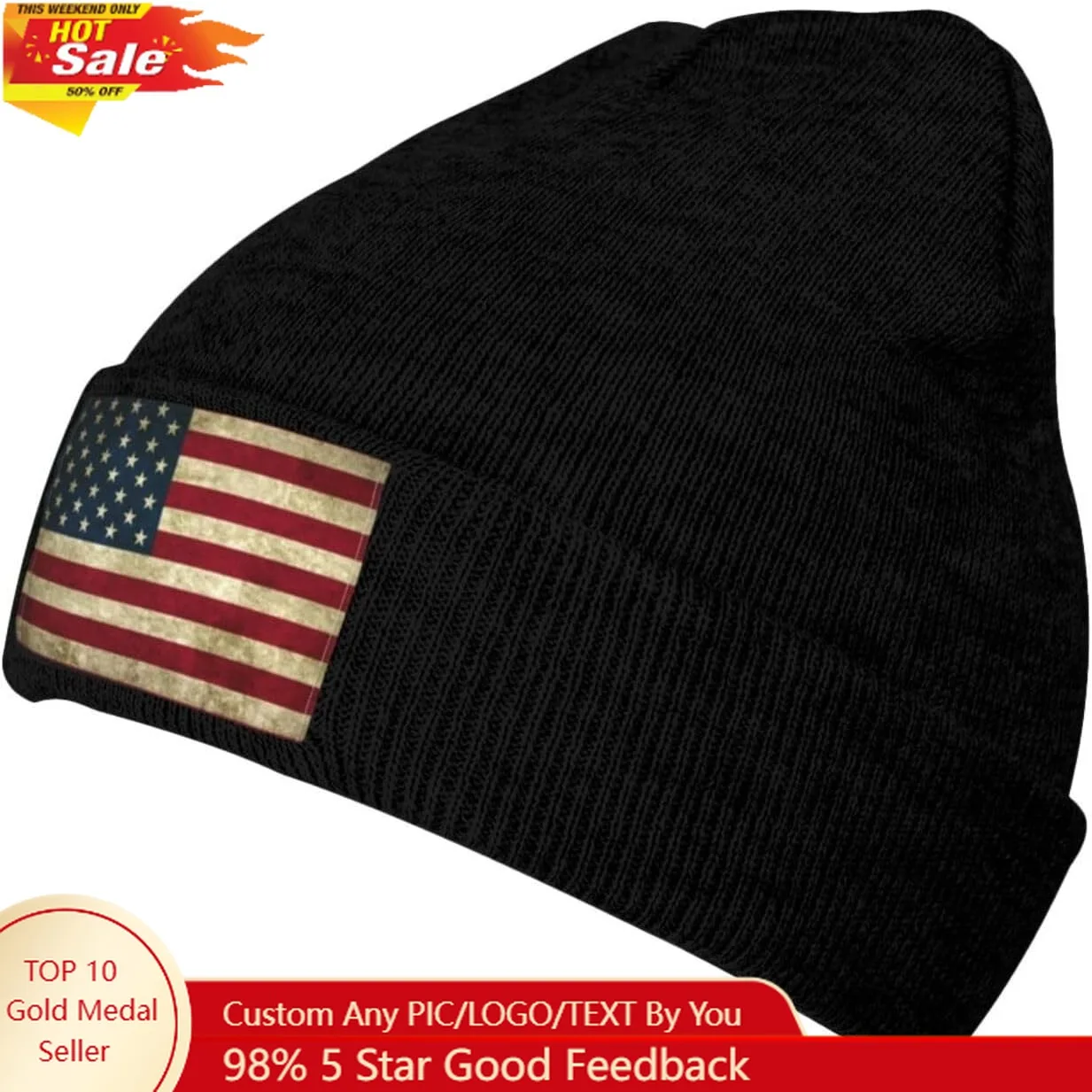 

Cute Flag Knit Hat Soft Classic Stretchy Ski Beanie Cap Winter Patriotic Warm Hats for Women Men Black