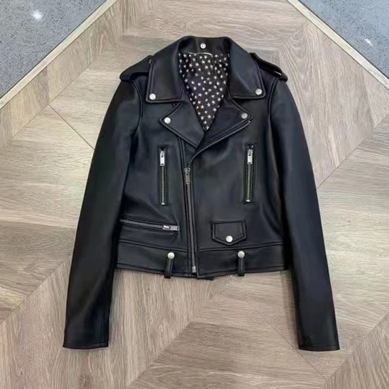 Women Coat Spring High Quality 2024 New Arrival Locomotive Model Short Length Genuine Leather Jacket Inner With Star Pattern