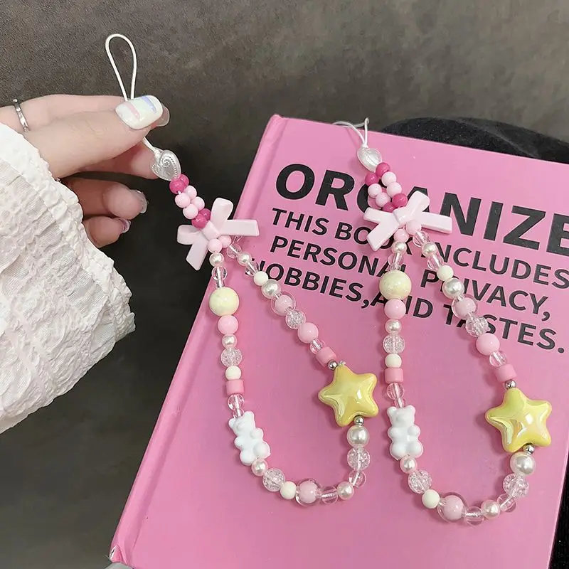 

Милый мультяшный медведь, подвеска для телефона, девочка, розовый бисер, звездное подвесное искусственное украшение, брелок для Airpod