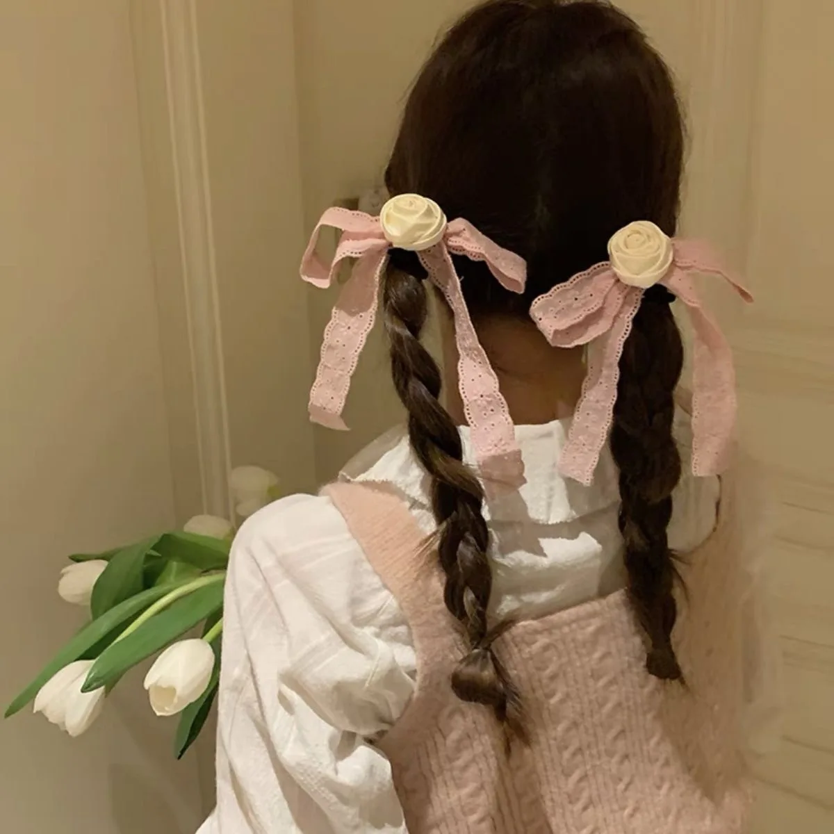 Y2K Girl's Pink Lace Ribbon Bow Hair Rope Women's Long Bowknot Hair Ties Lovely Lolita Hair Bands Accessories