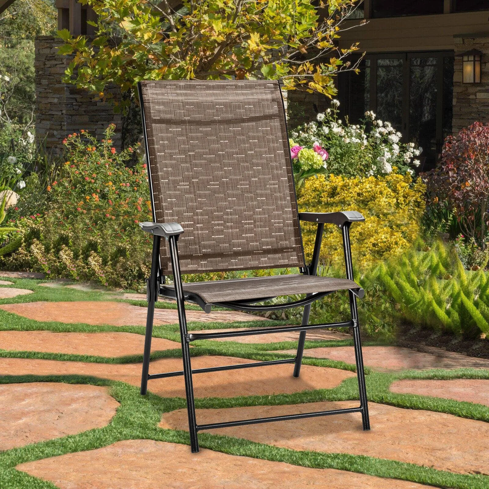 US 2-Piece Steel Breathable Fabric Foldable Patio Lawn Chair in Brown