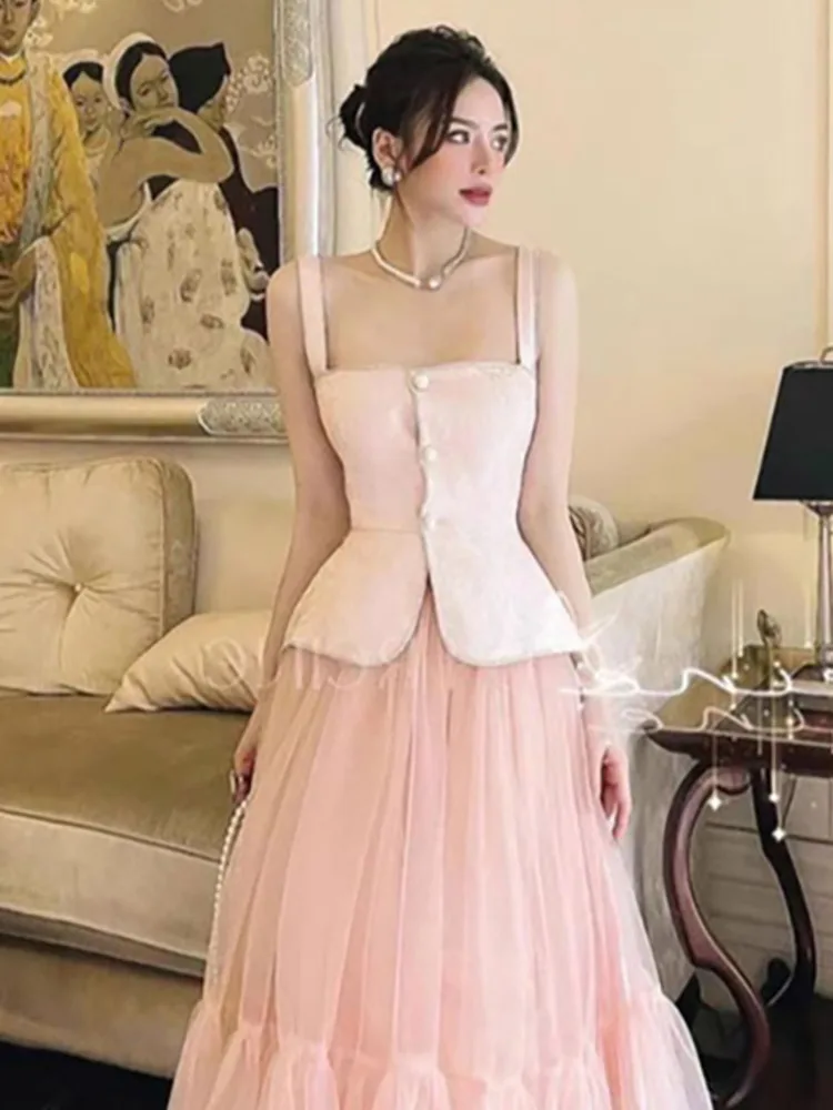 DEAT Elegant 2 Pcs Set Single Breasted Waist Up Camis Gauze Pink A-line Skirts Women\'s Suit 2024 Spring New Fashion 13DB4526