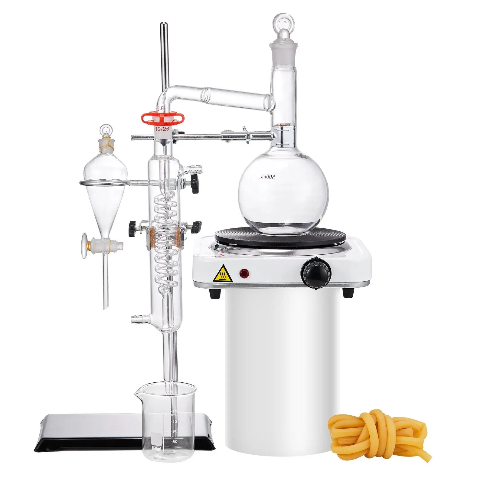 Essential Oil Distillation Kit, 500ml Distillation Apparatus, 3.3 Boro Lab Glassware Distillation Kit with 1000W Heating Plate a