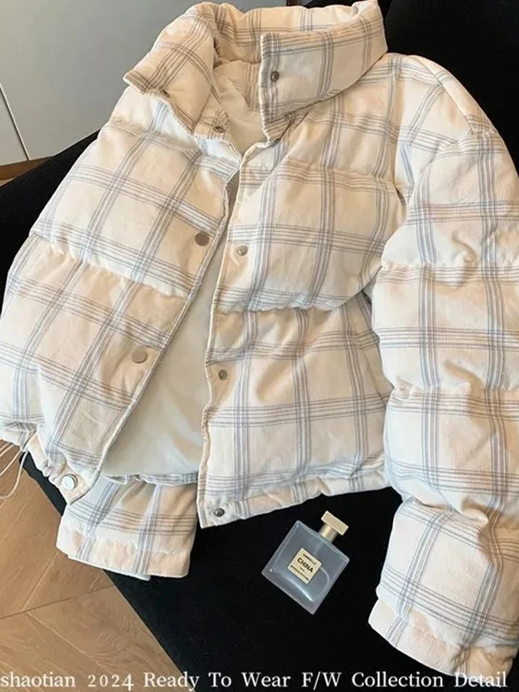 Zoki ريترو سروال قصير منقوش سترات نسائية فضفاضة حلوة كم طويل خمر منتفخ معطف Preppy نمط الشتاء الوقوف طوق سترة الكورية