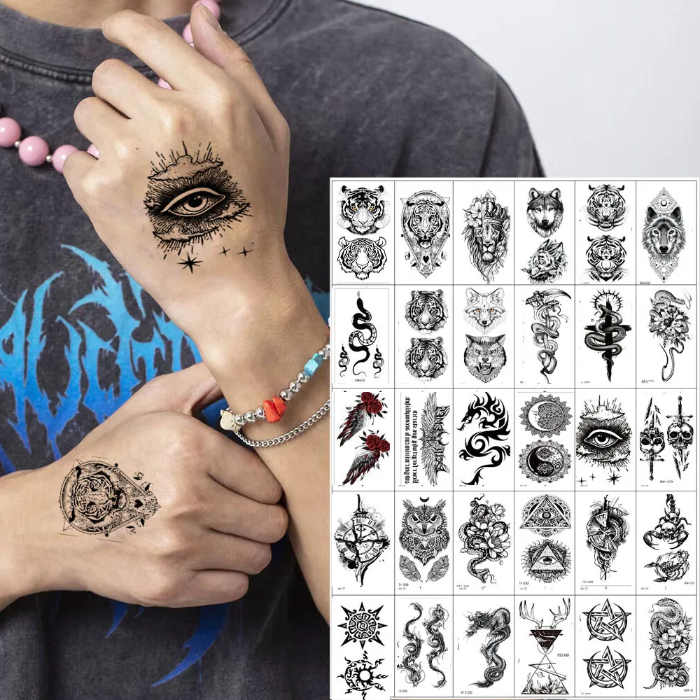 30Sheets Small Fake Tattoo Stickers for Men Women Waterproof  Skull Snake Animal Temporary Tattoos For Hand Arm Body