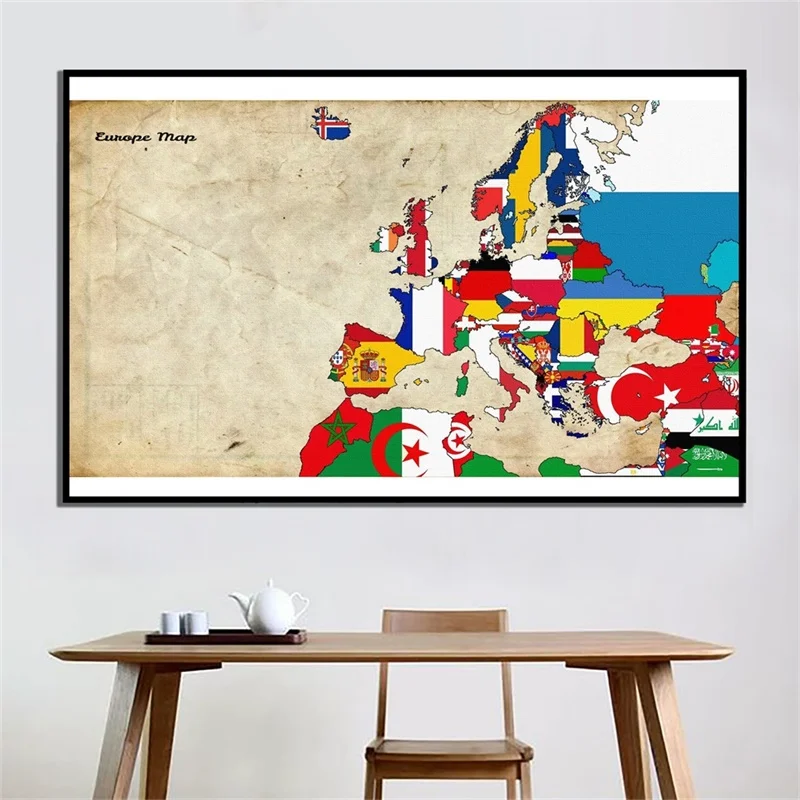 Vintage Europe Map Flag Poster Canvas Painting Wall Art Print for Living Room Study School Classroom Home Decor ,Travel Supplies