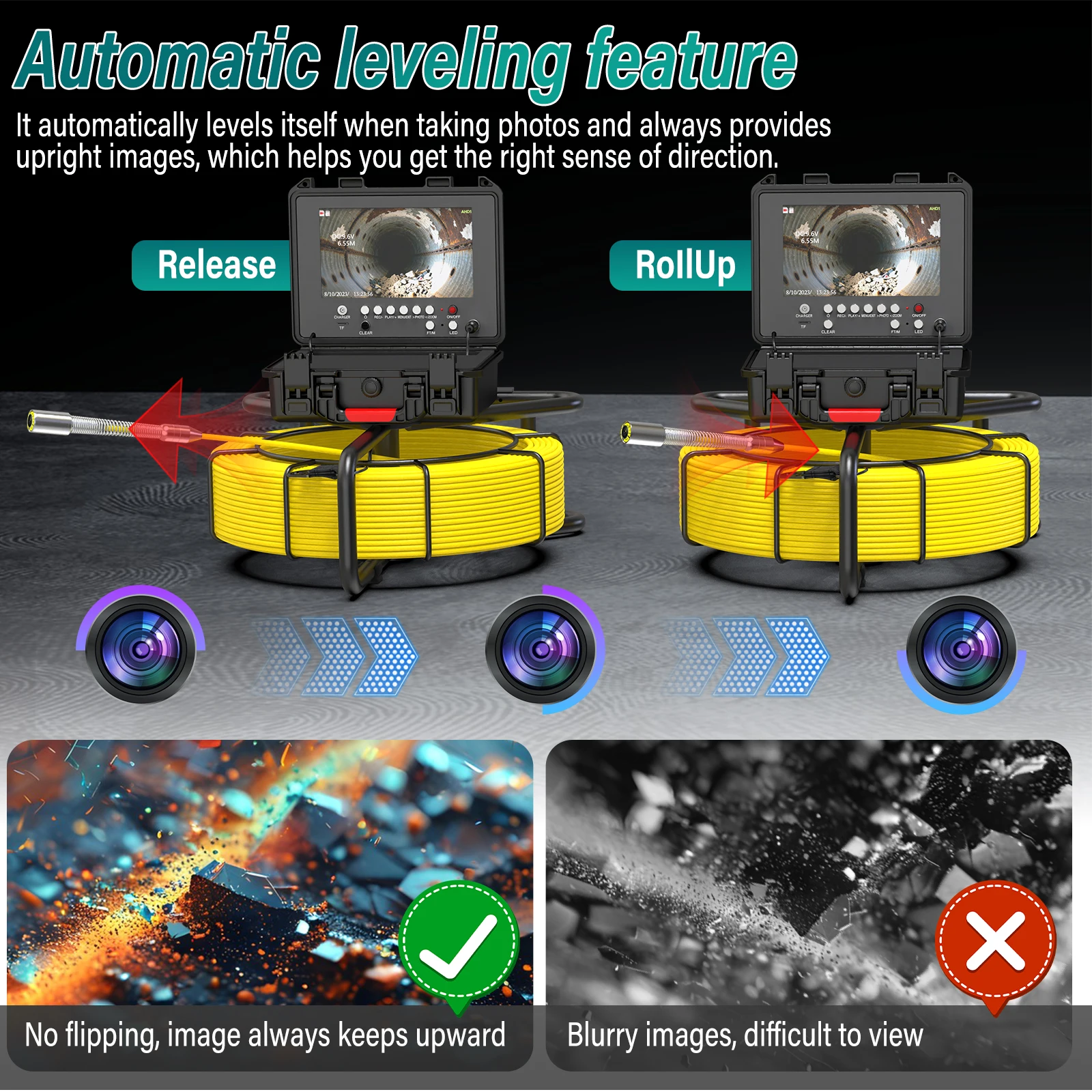 Sewer Inspection Camera, Self-Leveling Sewer Camera with 512Hz Wireless Locator,7mm cable HD Endoscope Camera with Meter Counter