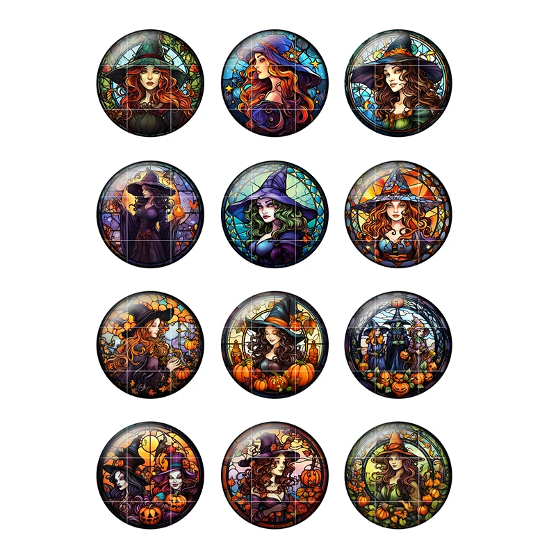 24pcs/lot Halloween Witch Art Patterns 8mm/12mm/18mm/25mm Round Photo Glass Cabochon Demo Flat Back Making Findings H314