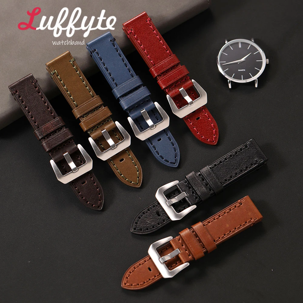 Retro-Uhrenarmband aus Ölwachsleder für Herren, hochwertiges Echtleder-Armband, 20 mm, 22 mm, 24 mm, 26 mm, universeller Ersatzriemen