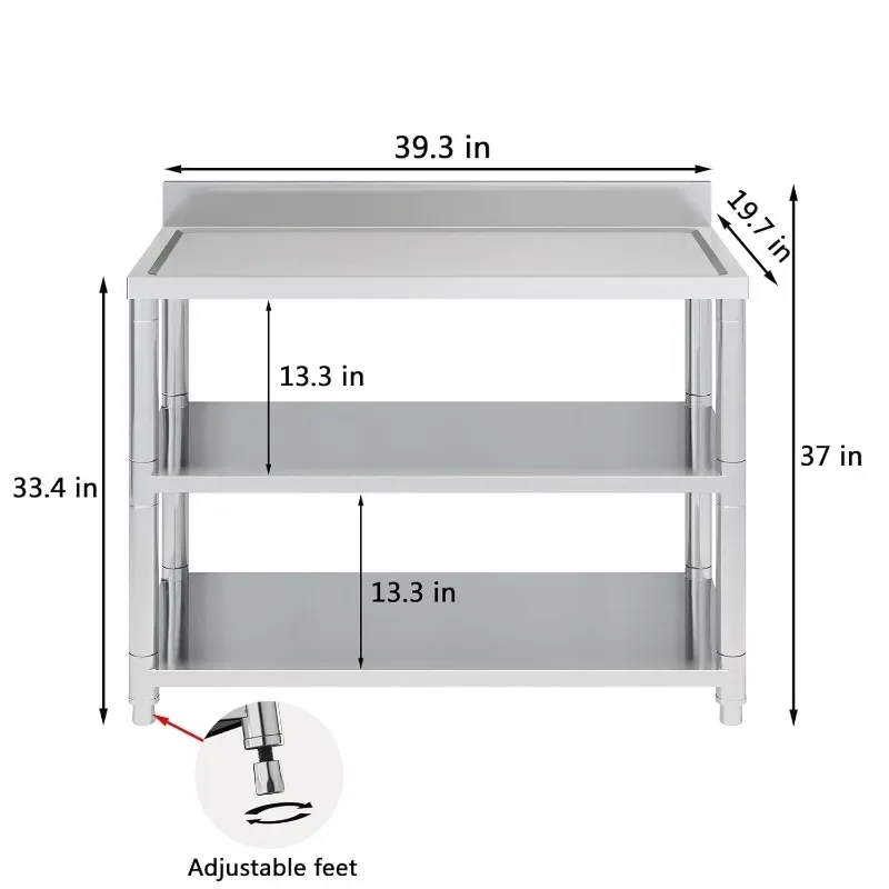 Mesa de trabajo de cocina de acero inoxidable, banco de trabajo de preparación y utilidad comercial con estantes de almacenamiento dobles, independiente, para restaurante