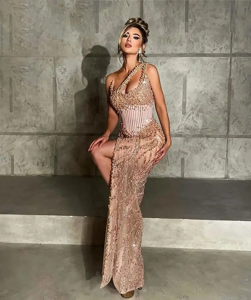 

Luxury One Shoulder Slim High Slit Evening Dress whither Beading Formal Banquet Gown Vestido de novia