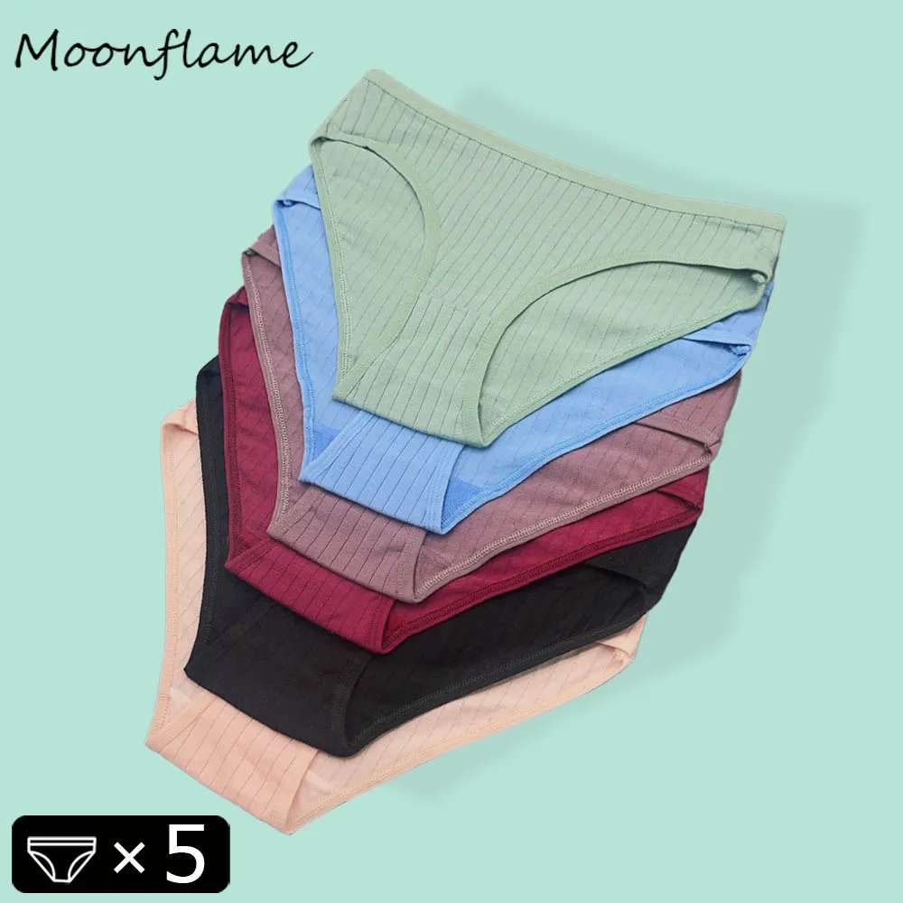 

Moonflame 5Pcs Cotton Striped Underwear Women's Breathable Panties Low-Waist Solid Briefs Female Sports Soft Lingerie Intimates
