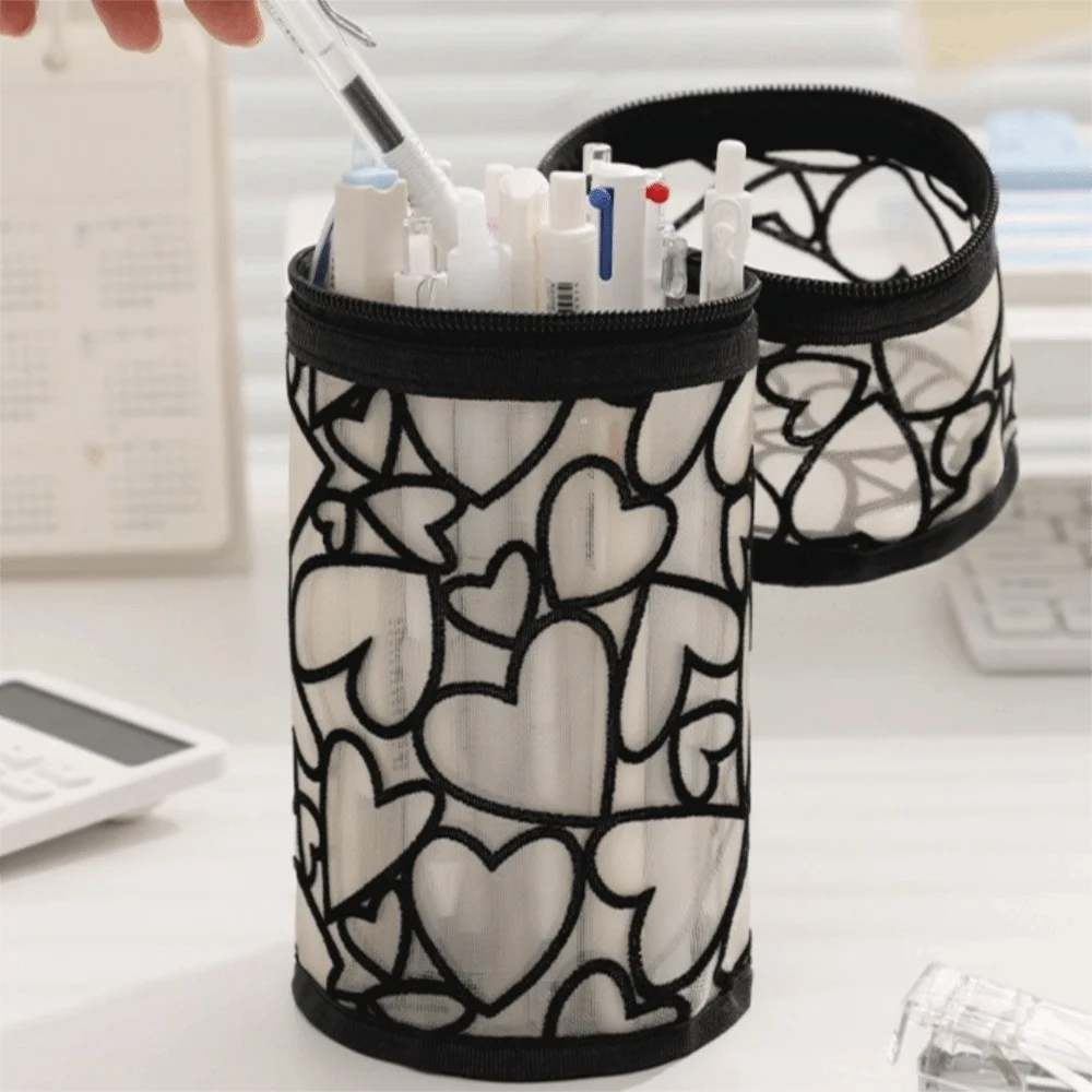 

Clear Mesh Storage Bag Mesh Love Heart Mesh Pencil Case Cylindrical Shape Cosmetic Bag Mesh Makeup Pouch Girls Boys