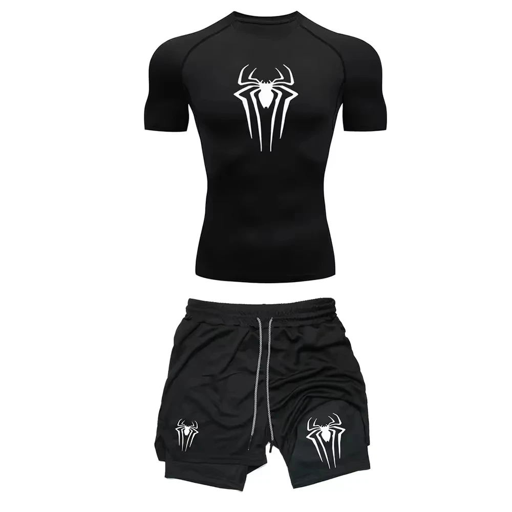 Men's Workout Compression Set  Spider Printed Gym Tshirts Breathable Running Shorts Quick Dry Sports Rash Guard Sportwear Set846