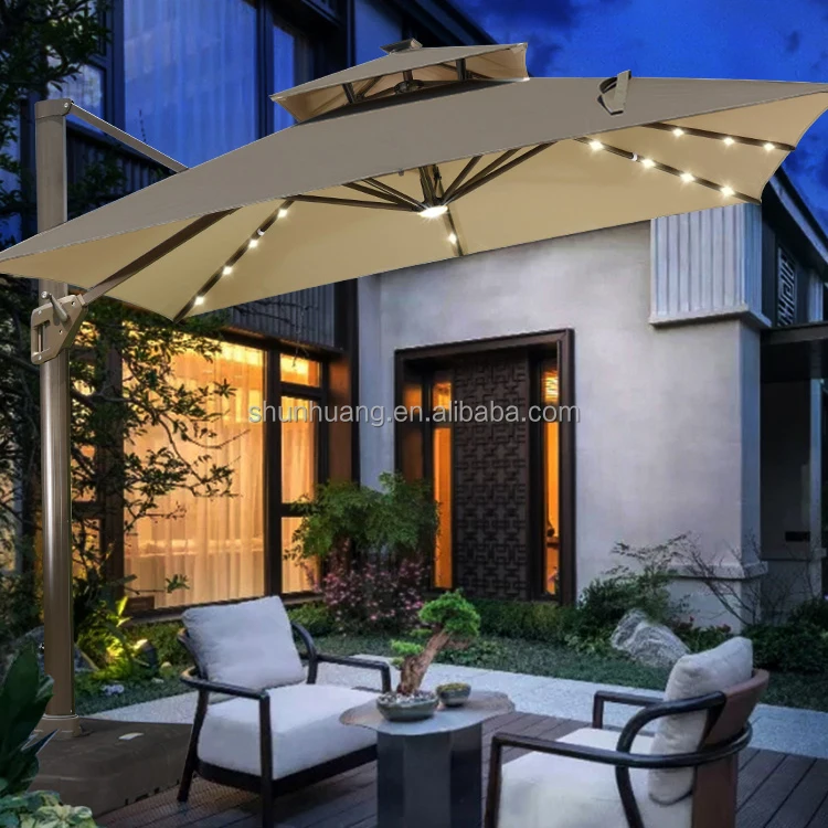 Windproof Outdoor Courtyard Parasol Square Umbrella With LED  Roman Umbrella