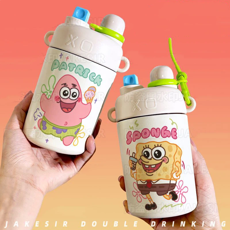 Cute SpongeBob SquarePants Patrick Star Double Drink Thermos Cup Straw Cup Large Capacity 316 Stainless Steel Portable Water Cup