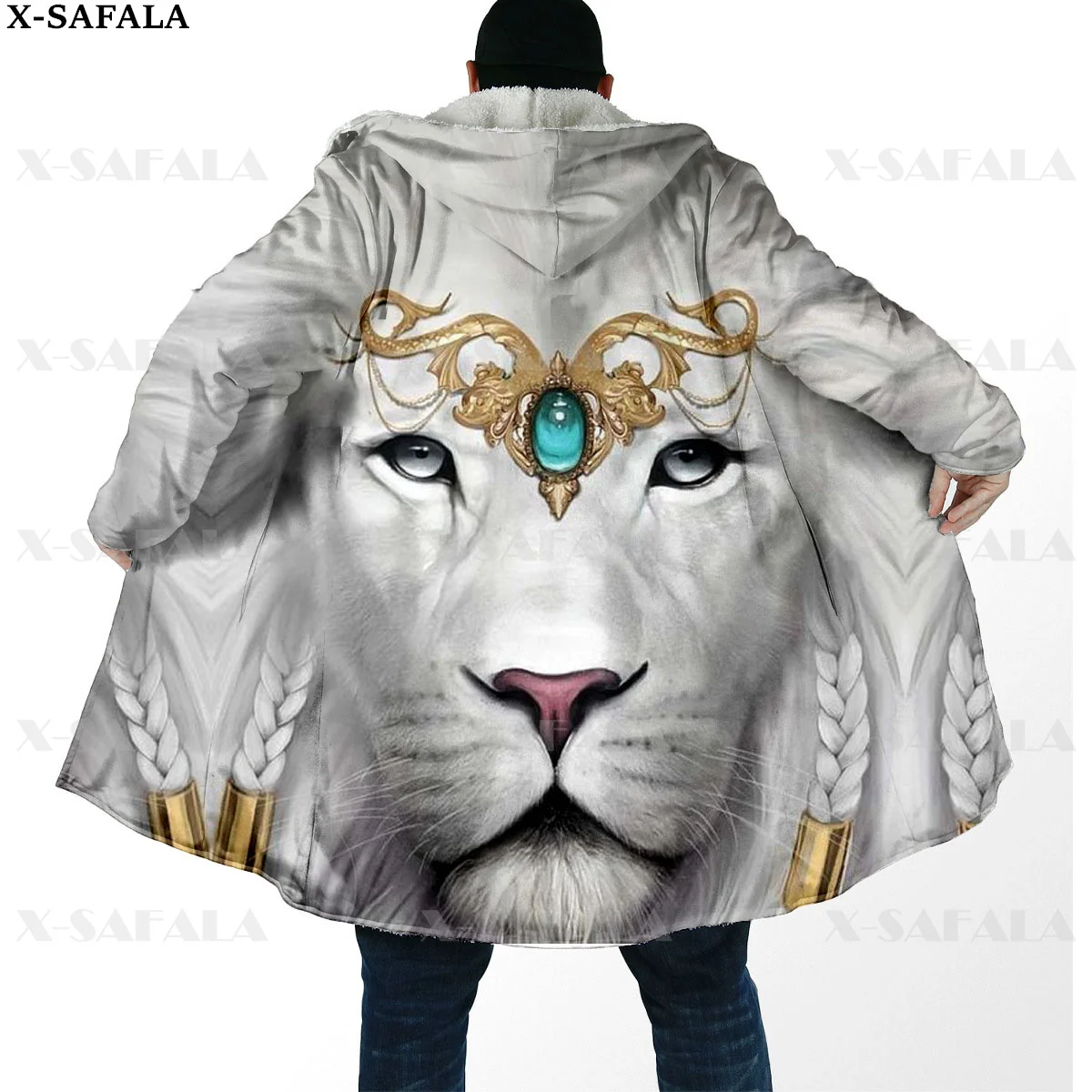 Viking Tattoo Tiger/Yin And Yang Lion/Wolf Thick Warm Hooded Cloak Men Overcoat Coat Windproof Fleece Cape Robe Hooded Blanket-2