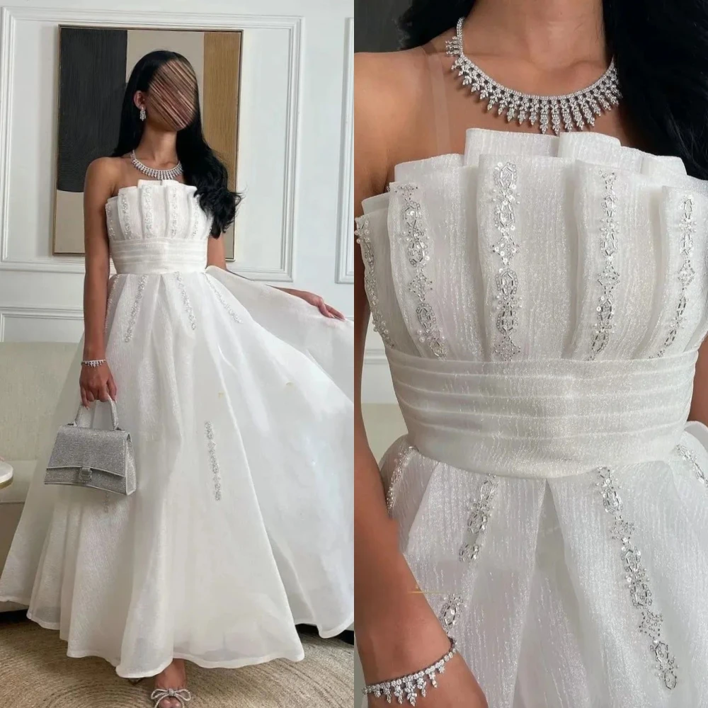 Robe Mi-Longue à Perles en Organza, Tenue Personnalisée, Décontractée, Drapée, Zones de Plis, Ligne A, Sans Bretelles, sur Mesure, pour Occasions