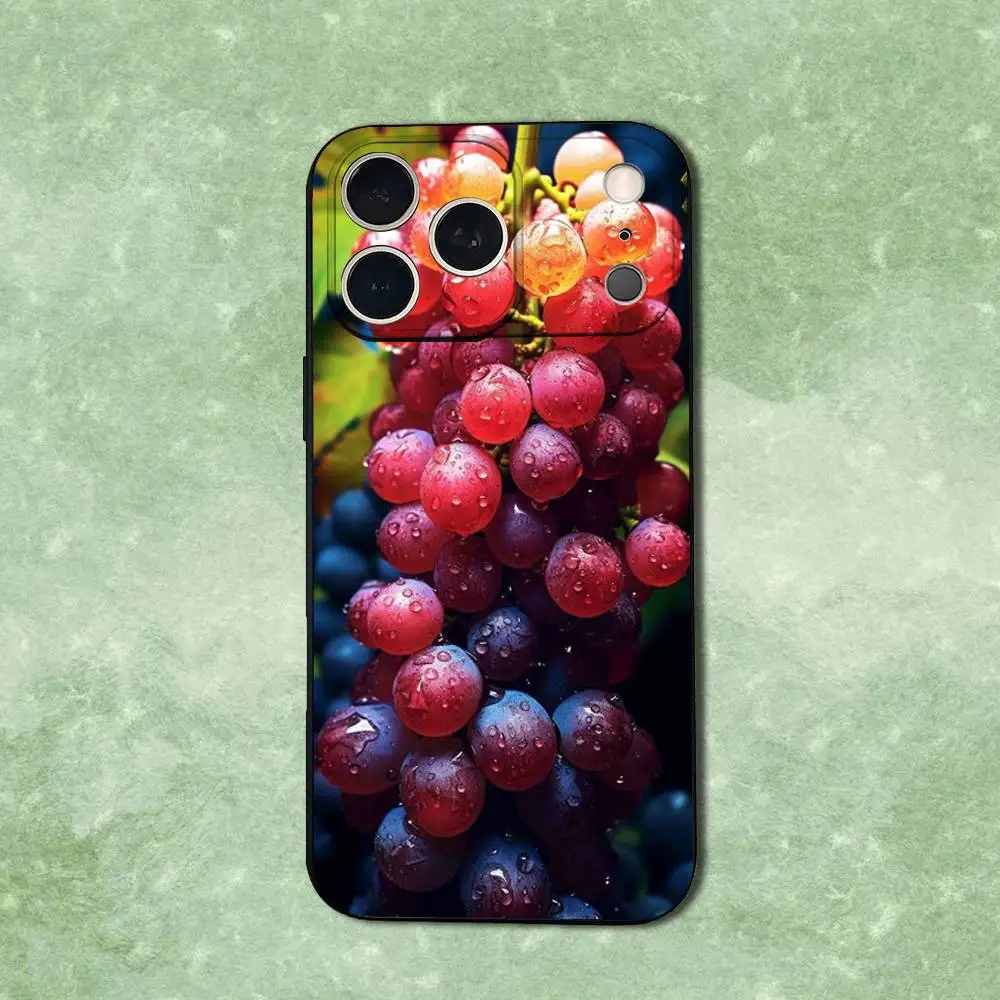 حافظة هاتف على شكل عنب أرجواني فواكه لهاتف آيفون 14,13,17,12,11,16,15,Plus,Pro Max,XS,X,XR,SE,Mini,Soft غطاء أسود من السيليكون