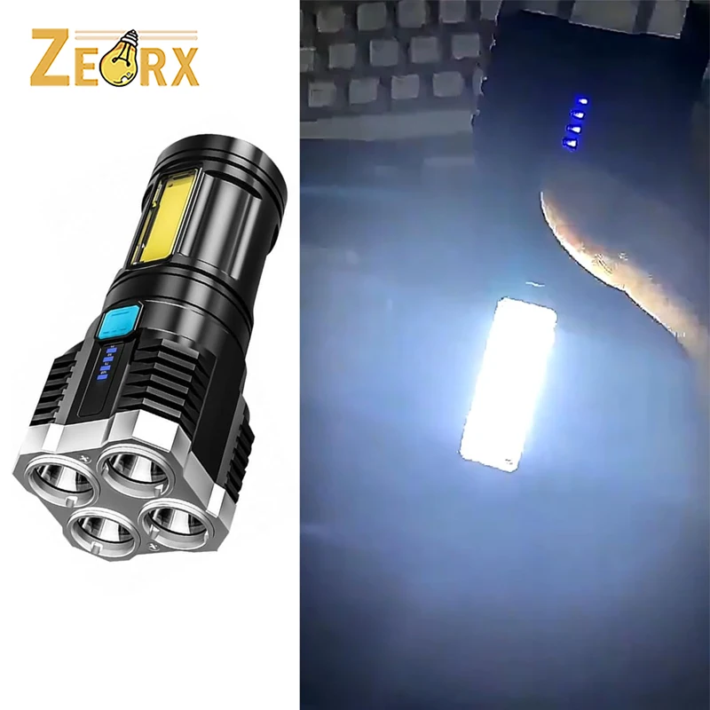 

USB Rechargeable LED Flashlight with COB Side Light Power Display 4 Modes Adjustable Handheld Torches for Fishing Dog Walking