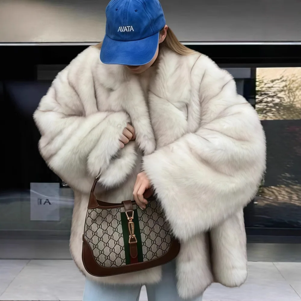 معطف فرو الثعلب ذو لون سادة ممتاز مترهل بأكمام طويلة لخريف وشتاء 2025 بياقة مقلوبة ملابس خارجية مقاومة للرياح للمكتب للسيدات #2