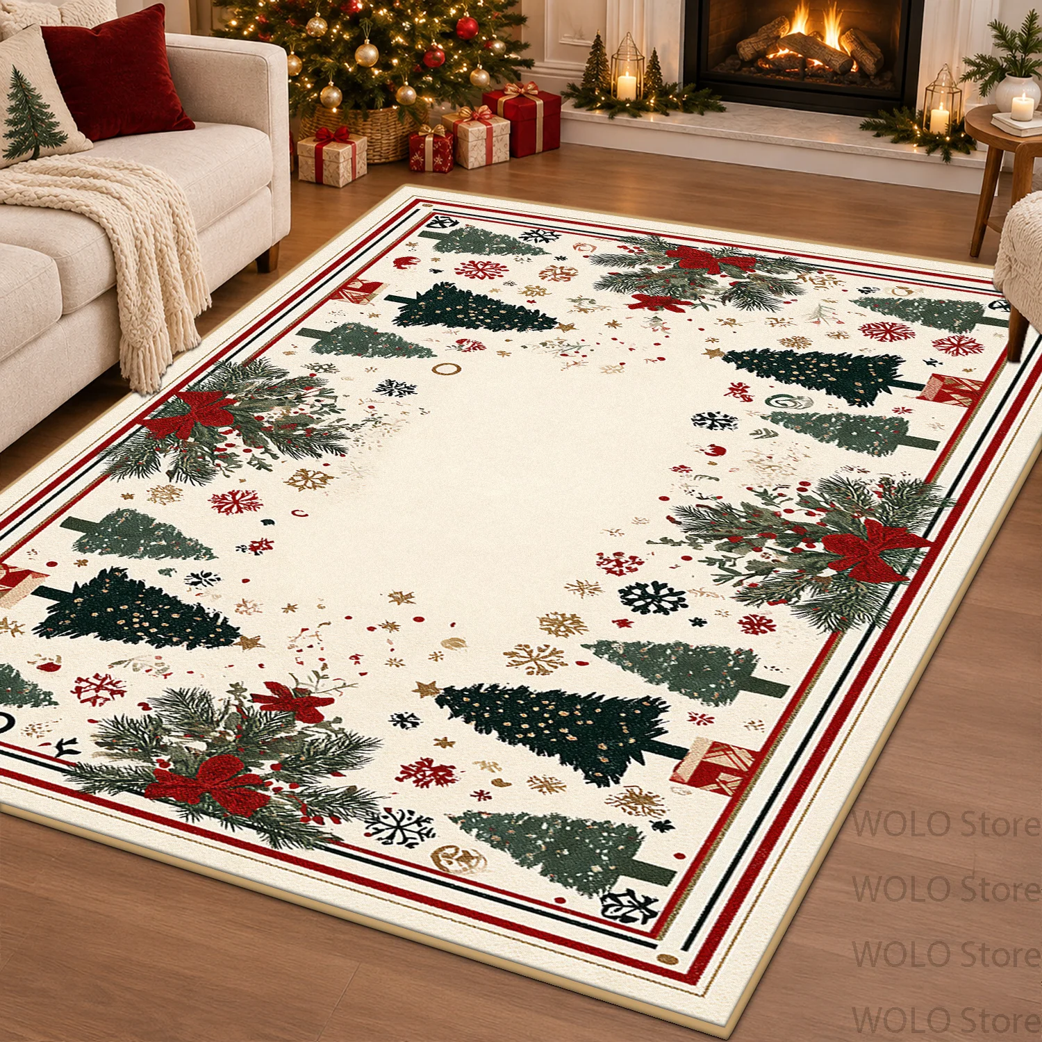 Christmas Atmosphere Cute Puppy Large Area Soft Carpet Cozy Foliage Red Berry Border Living Room Rug Non-slip Washable Decor Mat