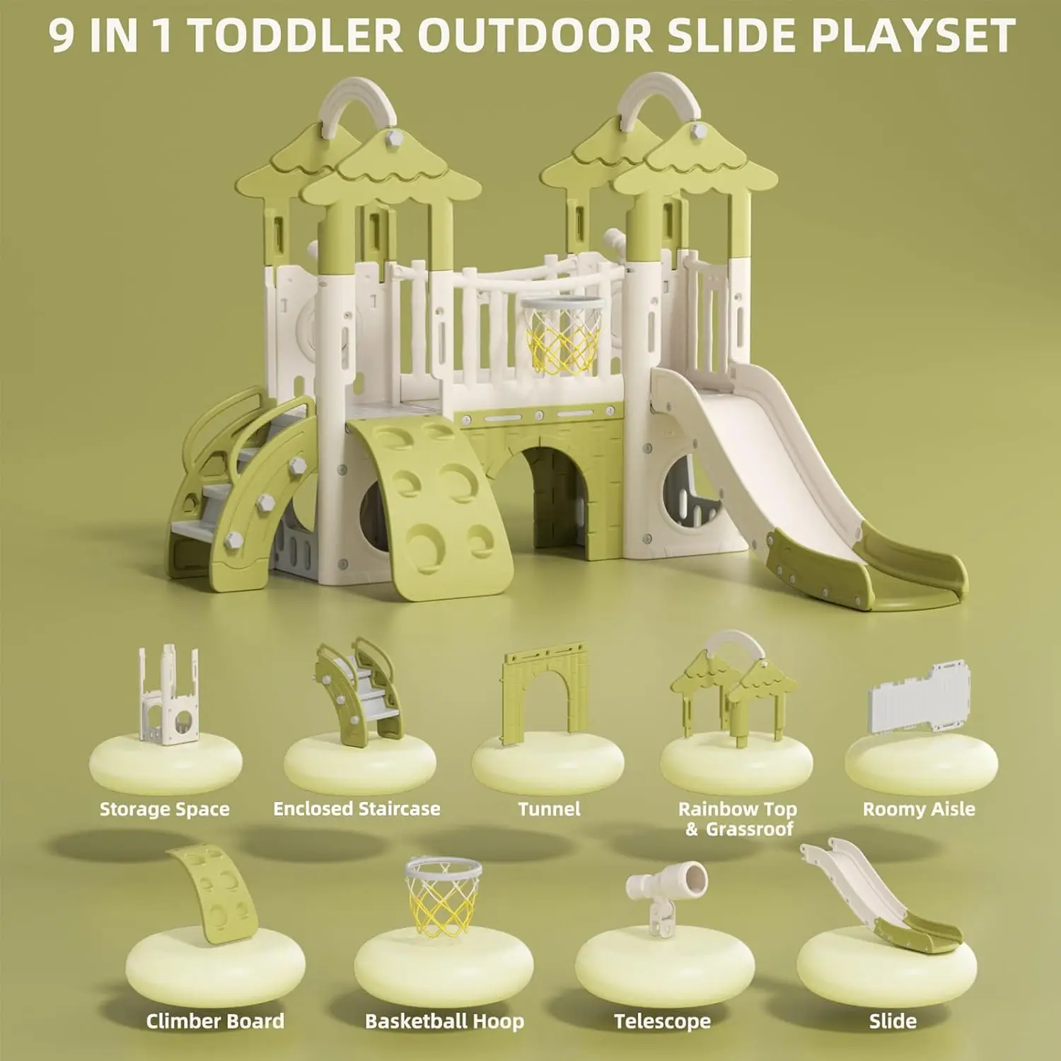 9 in 1 Toddler Slide, Jungle Slide with Basketball Hoop | Tunnel and Storage Space, Outdoor Indoor Slide for Toddlers Age 1+,Tre